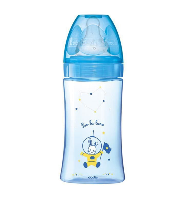Dodie Biberon Initiation+ 270ml Bleu Décoré 0-6 Mois Tétine Ronde 3 Vitesses D2